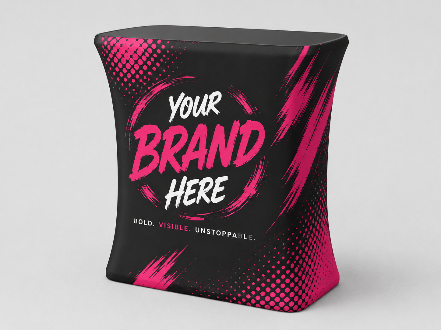 Black and pink branded stand-up pouch with “Your Brand Here” text on a white background