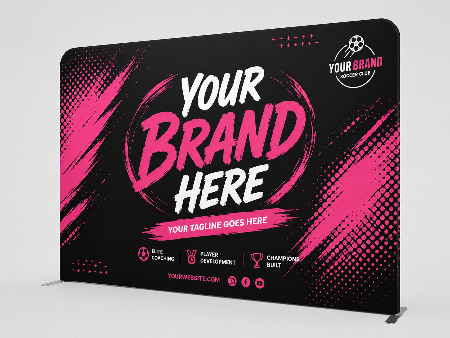 Black and hot pink branded display banner with “YOUR BRAND HERE” text and logo on a stand