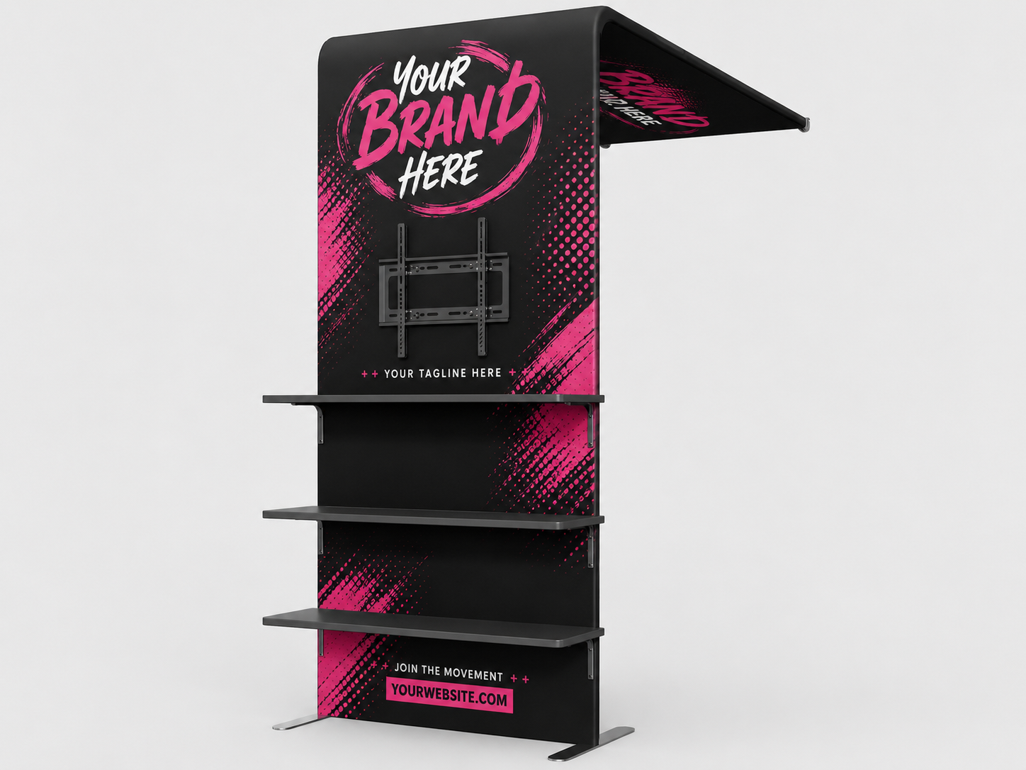 Black and pink branded retail display stand with shelves and a top canopy sign.