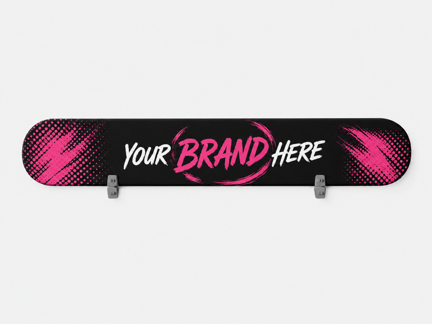 Black skateboard deck with pink graphics and the text “Your BRAND Here” on a white background