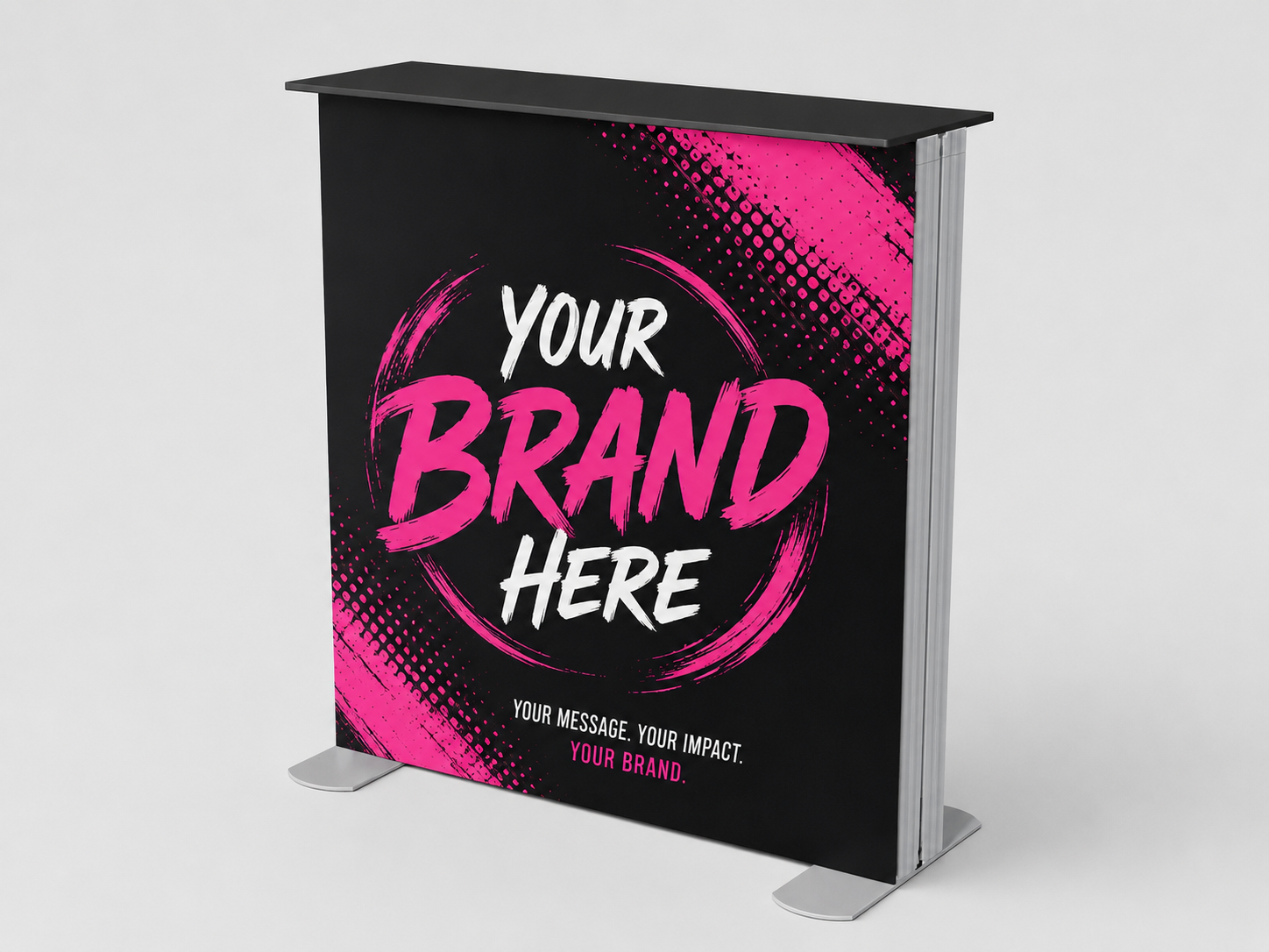 Black promotional display stand with pink brushstroke graphics and “YOUR BRAND HERE” text
