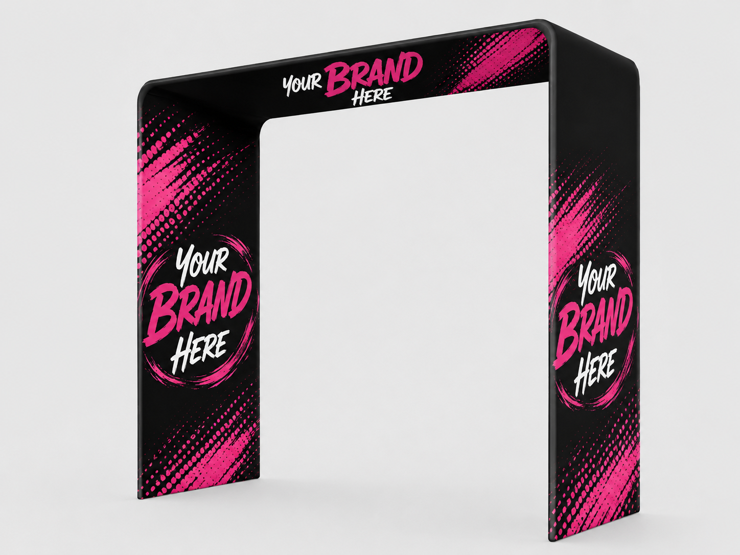 Black-and-pink custom promotional arch with “Your Brand Here” text on both sides