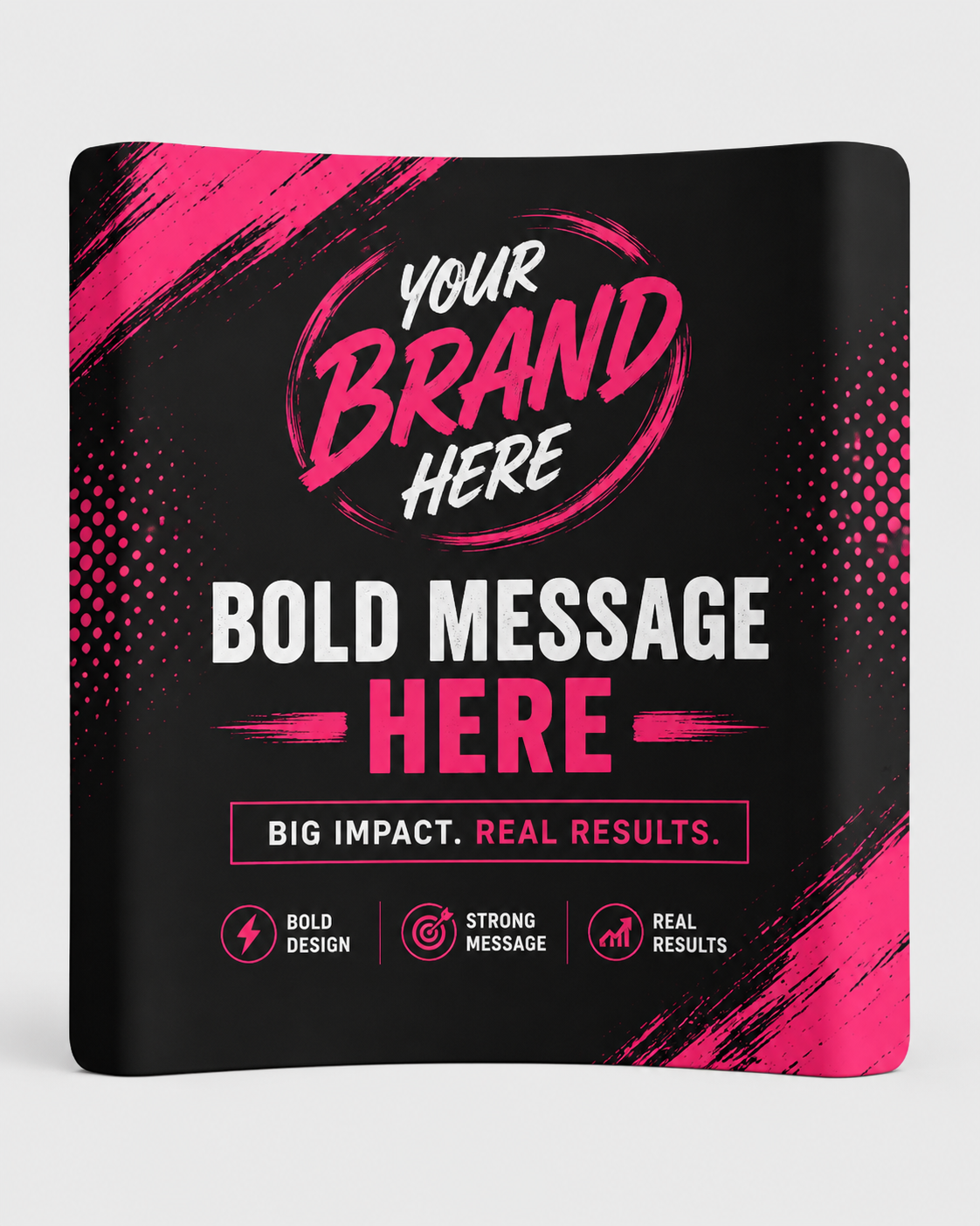 Black and pink bold promotional poster with placeholder brand text and icons on a curved mockup.