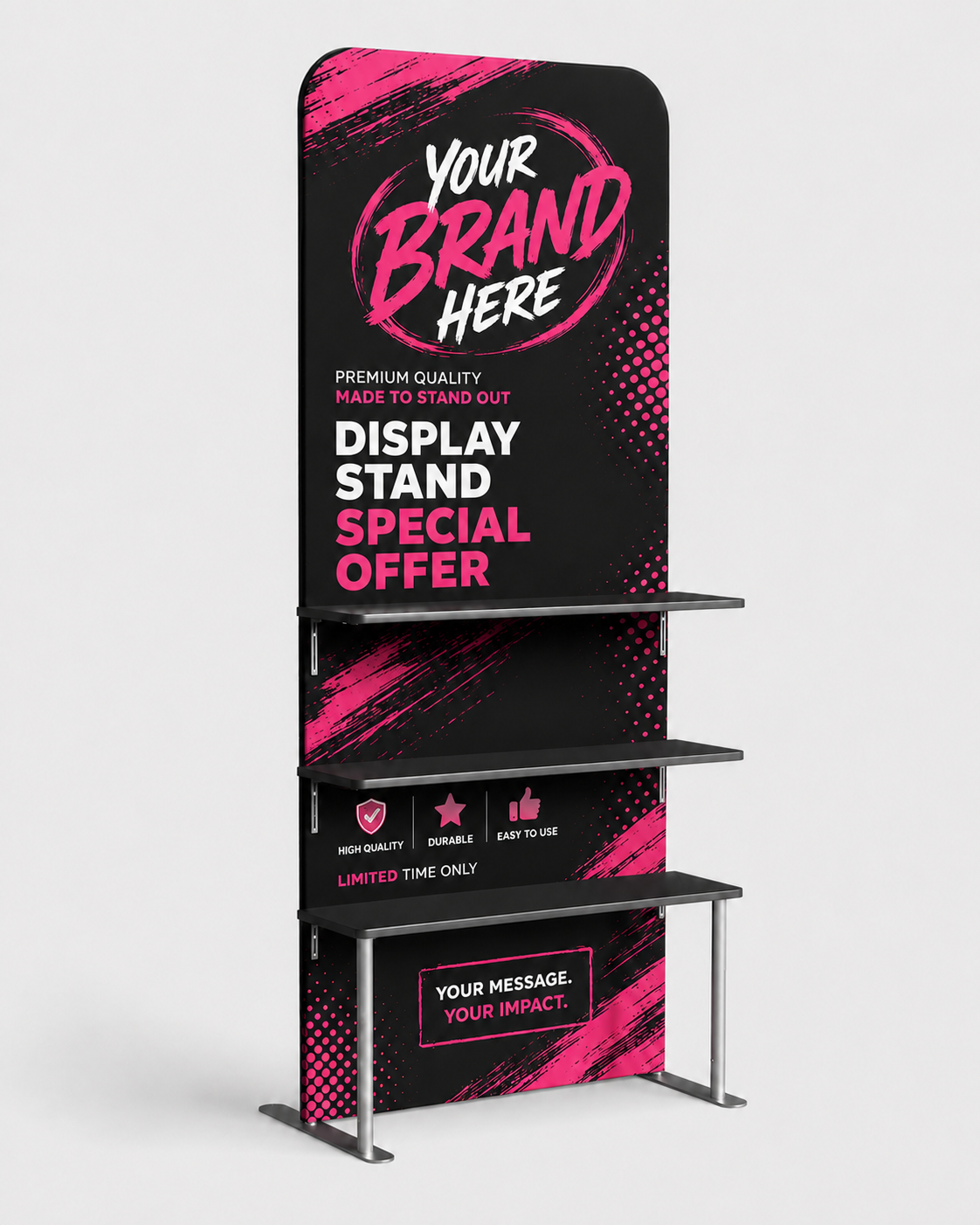 Pink and black retail display stand with shelves and a header reading “Your Brand Here”