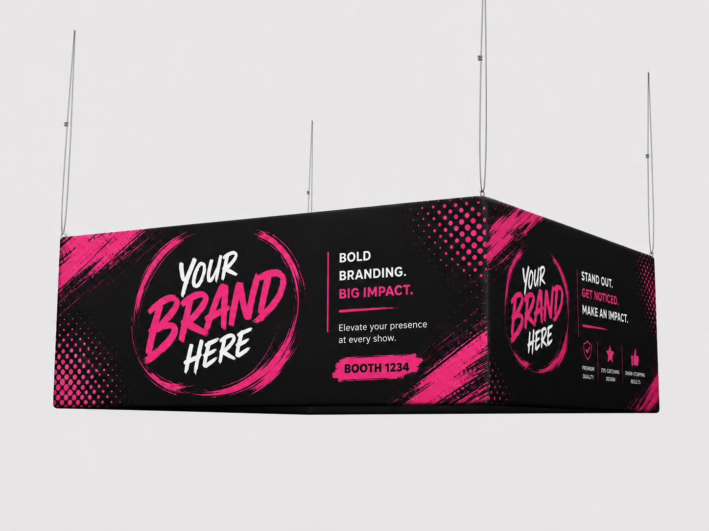 Black and pink hanging trade show banner with “Your Brand Here” and bold branding text