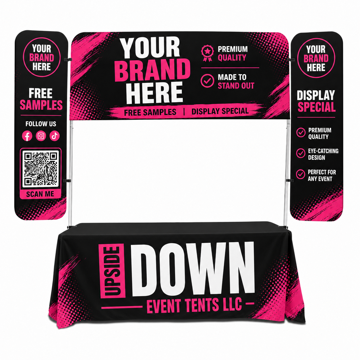 Black and pink trade show booth display with canopy, counter, and side banners for Your Brand Here
