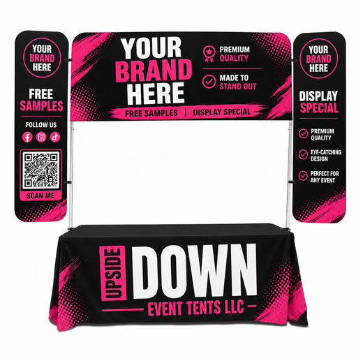 Pink, black, and white event tent banner mockup with brand panels, QR code, and table cover.