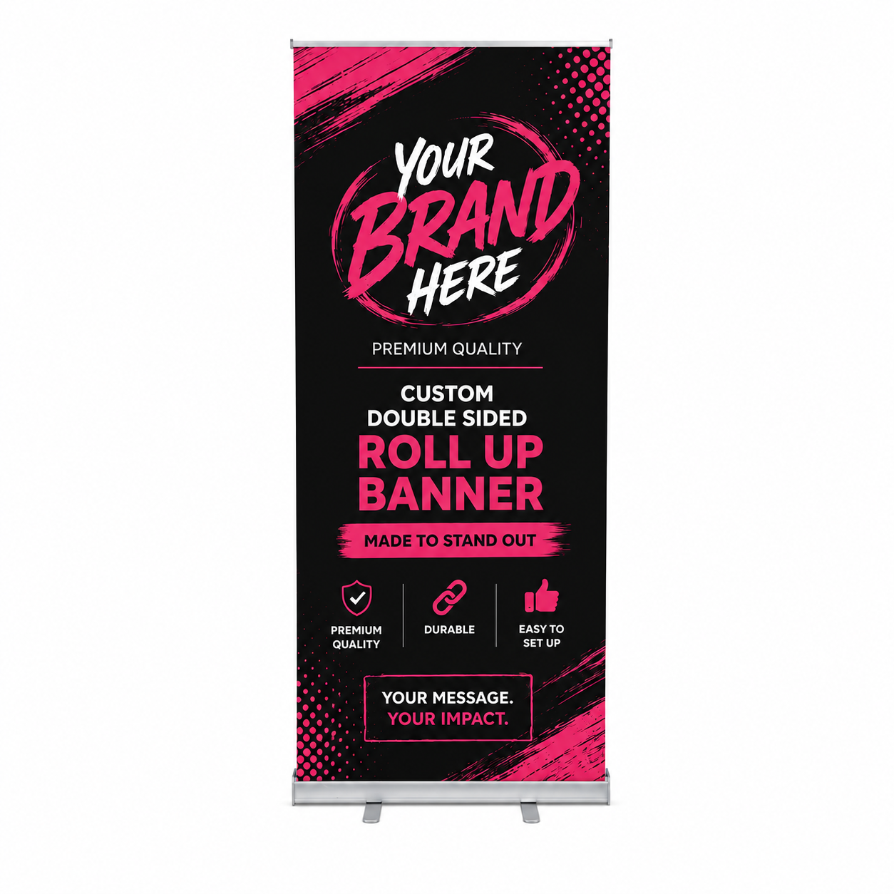 Pink-and-black roll-up banner template with “Your Brand Here” and custom double-sided text