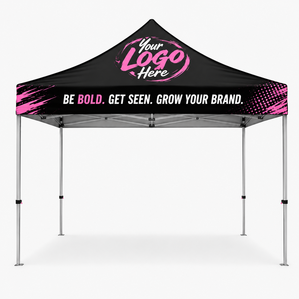 Black promotional canopy tent with pink accents and “Your Logo Here” branding, on a white background