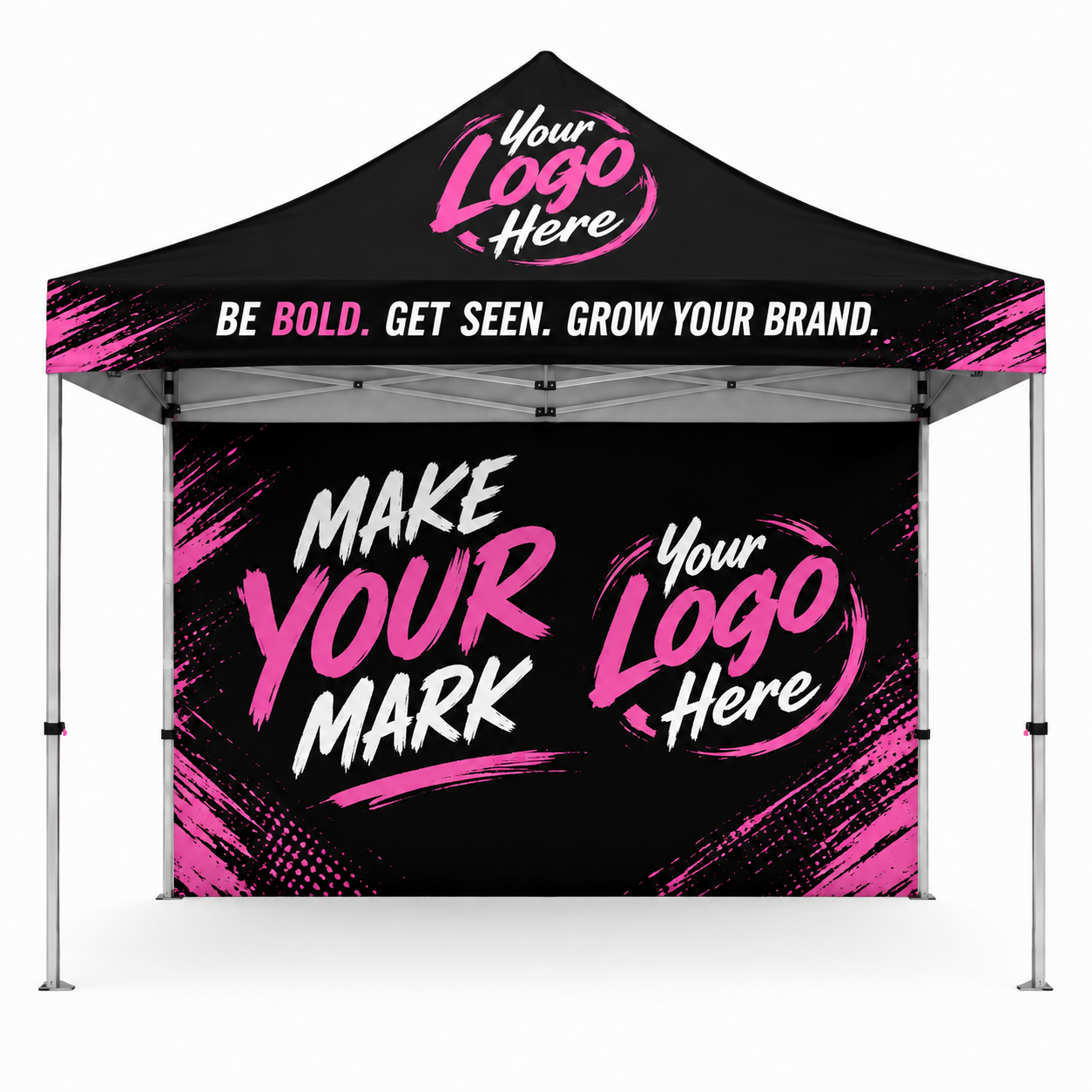 Black pop-up marketing tent with pink “Make Your Mark” graphics and custom logo placeholders