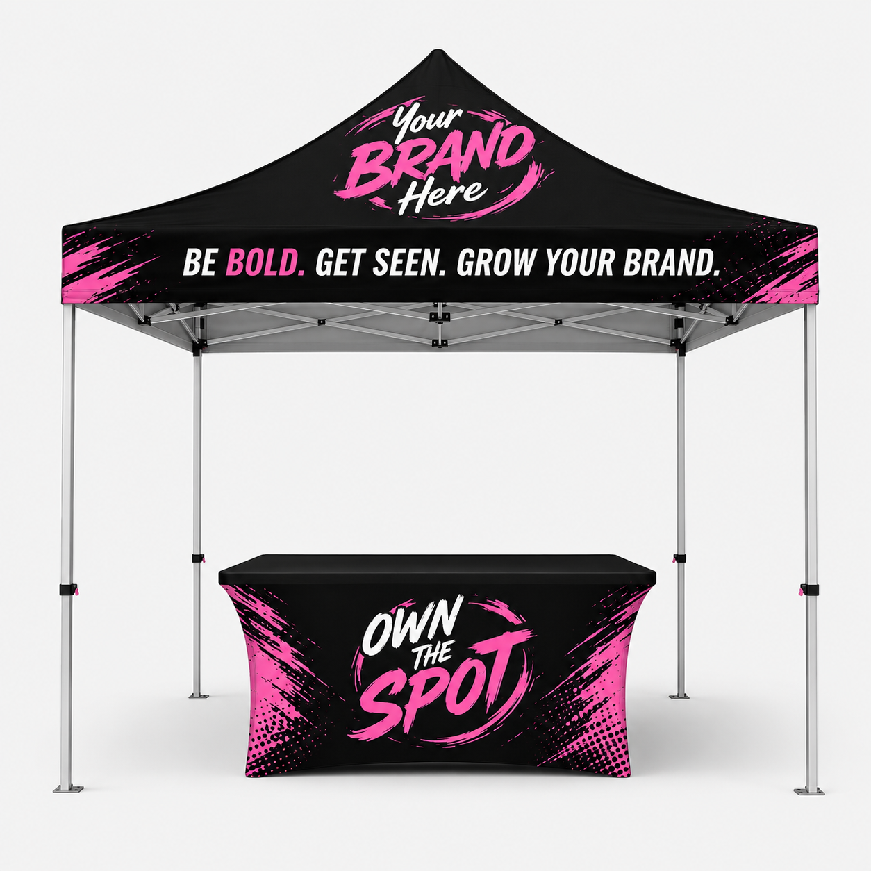 Black-and-pink branded pop-up tent and table cover with slogan “Be bold. Get seen. Grow your brand.”