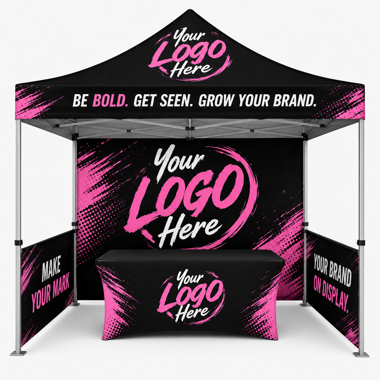 Black branded canopy tent with pink “Your Logo Here” graphics and matching counter and side banners