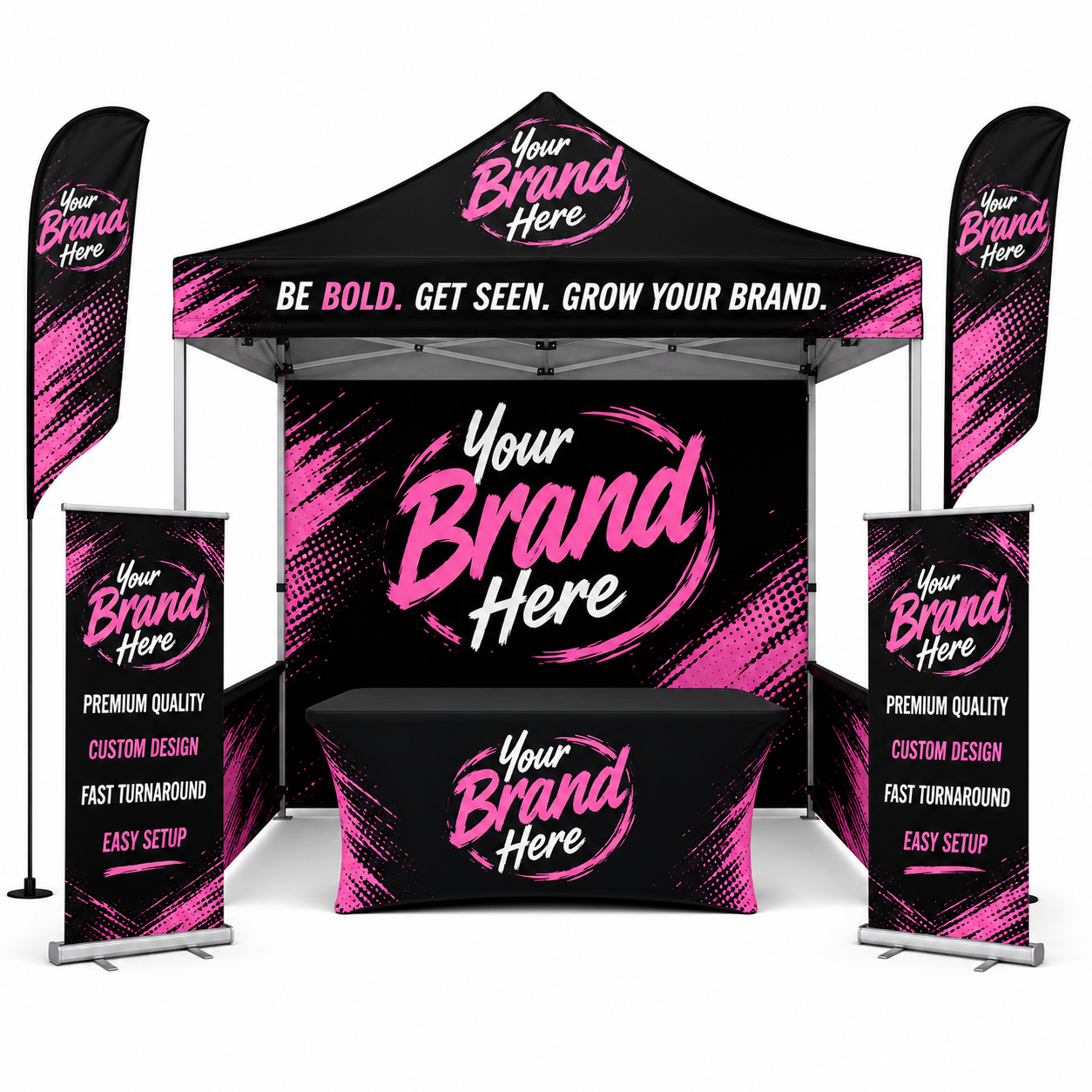 Black and pink branded event booth with tent, banners, and table reading “Your Brand Here”