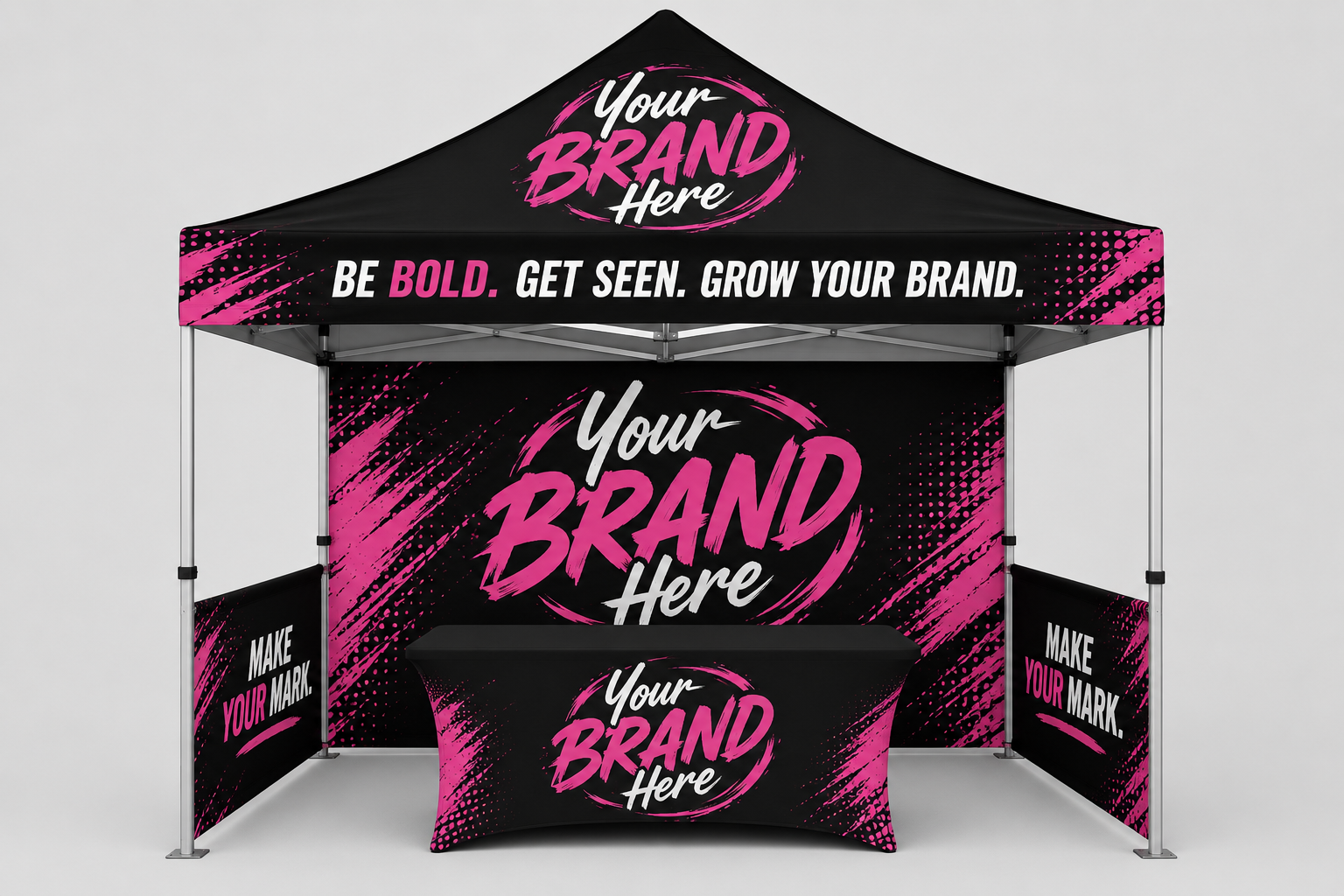 Black branded canopy tent with pink “Your Logo Here” graphics and matching counter and side banners