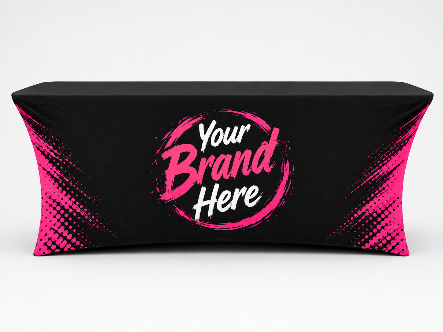 Black and pink branded table cover with “Your Brand Here” logo in the center