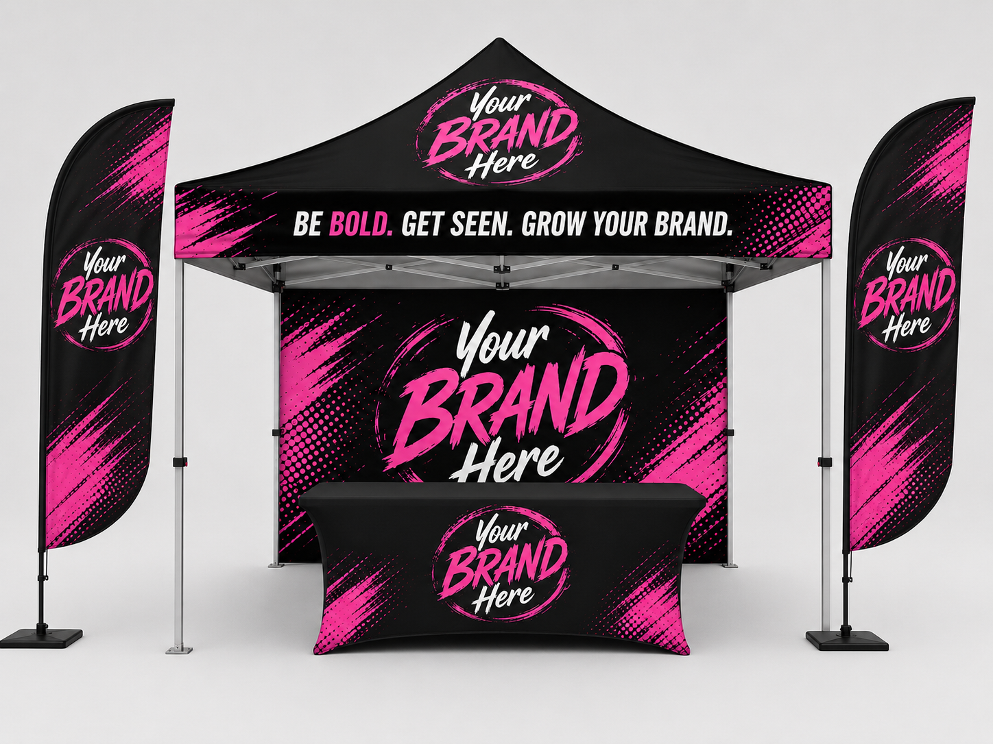 Branded trade show booth display in black and pink with “Your Brand Here” signage and banners