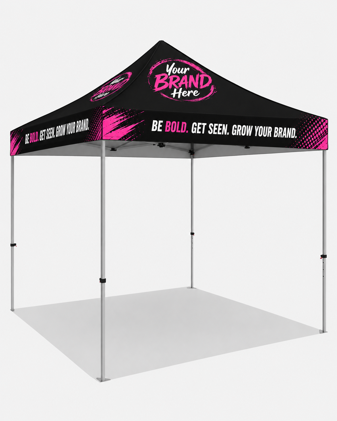 Black promotional canopy tent with pink accents and “Your Logo Here” branding, on a white background