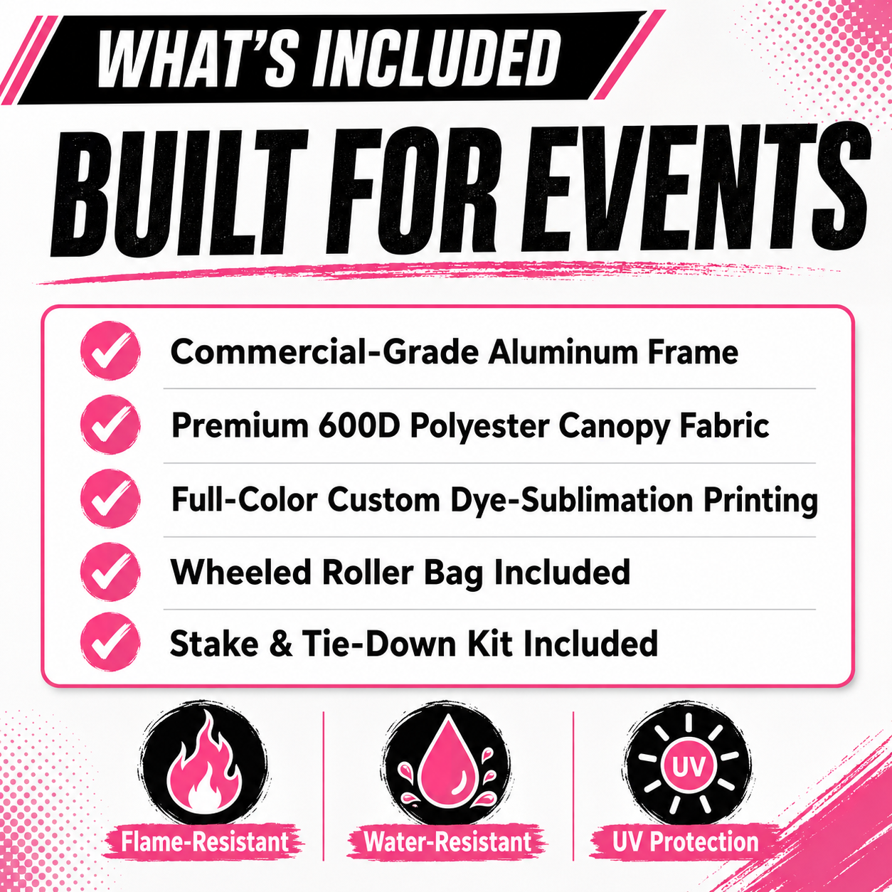 Promotional graphic listing event canopy features: commercial-grade frame, polyester canopy, UV and water resistance.