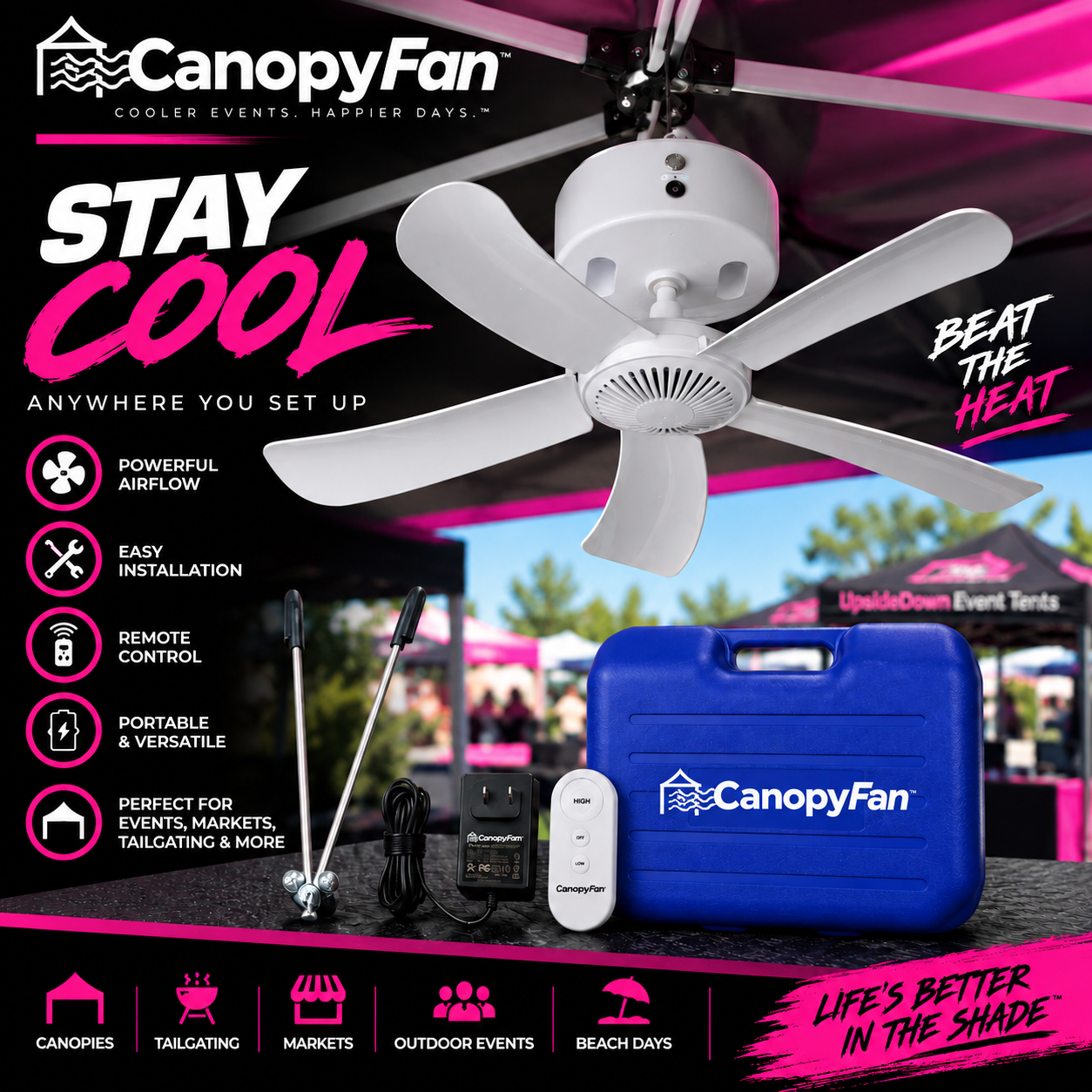 CanopyFan promo showing a white ceiling fan, blue portable case, and “Stay Cool” text on a dark background
