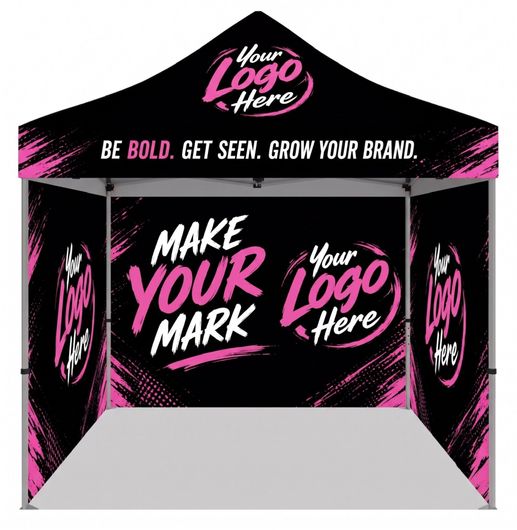 Black-and-pink branded pop-up tent with “Make Your Mark” and logo placeholder text