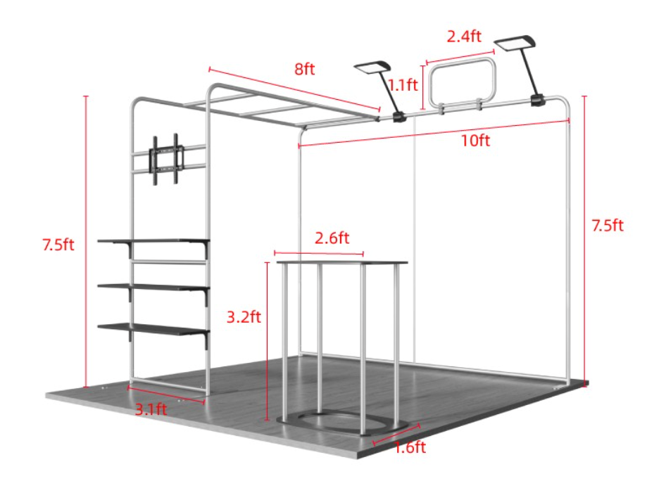 Black trade show booth display with pink accents and “YOUR BRAND HERE” signage