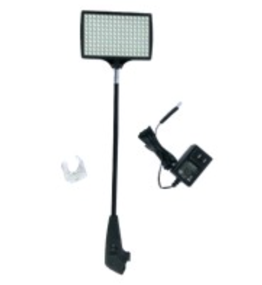 Black handheld metal detector with rectangular LED panel and attached control unit on white background