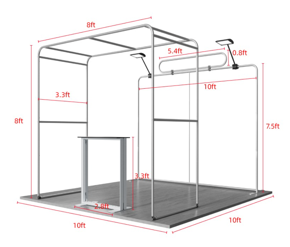 Custom trade show booth display with pink and black branding on modular panels and a hanging sign
