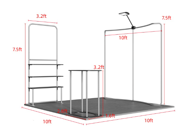 Black and pink branded display booth with matching banner, sign, and tote on a gray floor backdrop