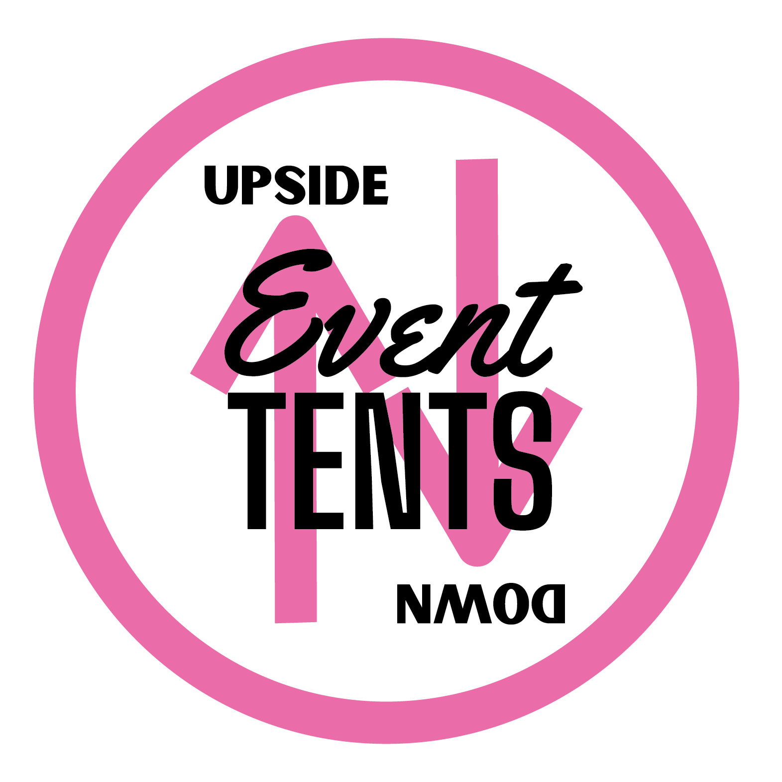 Pink circular logo for Upside Down Event Tents with black and pink text.