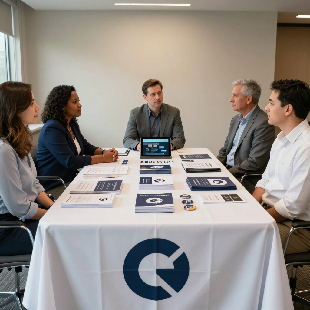 Business meeting around a table with brochures and a presentation screen in a modern conference room