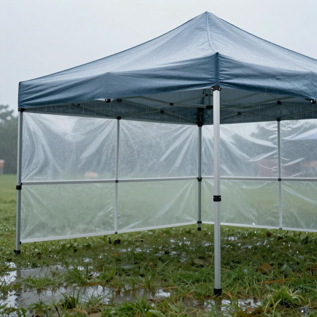 Blue canopy tent with clear side walls on wet grass in a foggy field