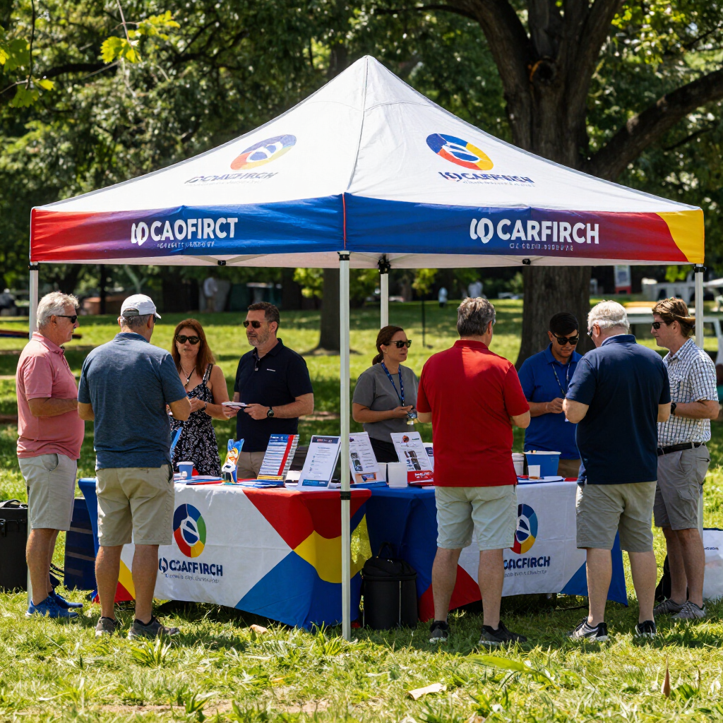 Car-Fri first booth at an outdoor fair, with staff under a blue-and-white canopy talking to visitors.