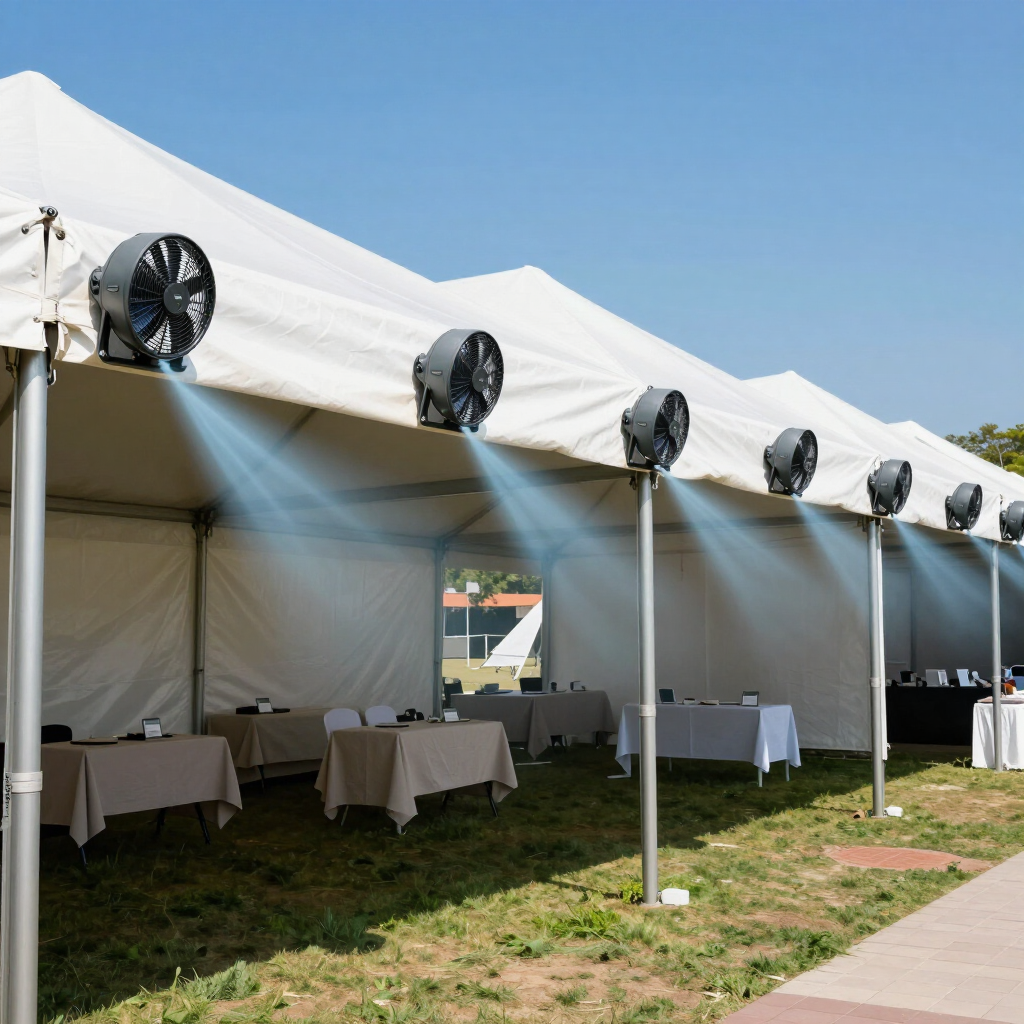 White outdoor tent with tables and fans beside a sunny walkway