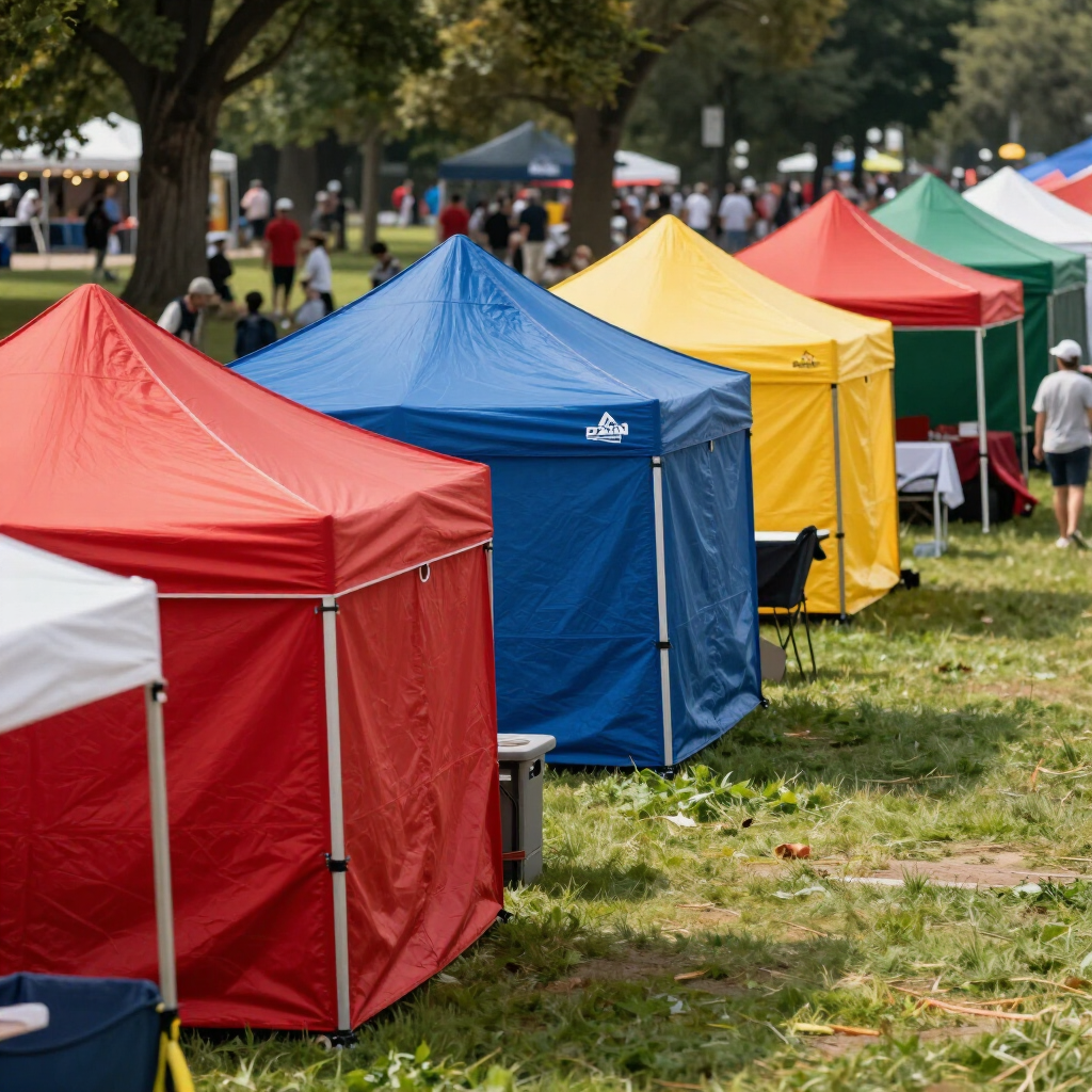 Colorful vendor tents lined up on a grassy park field at an outdoor event