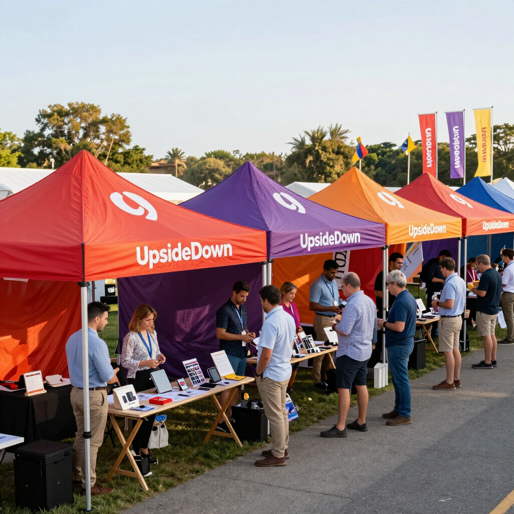 People browsing vendor booths under colorful tents at an outdoor market or fair