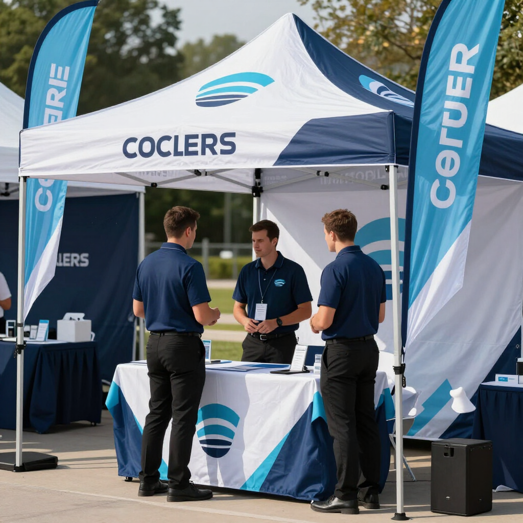People at a Coclers booth on a sunny outdoor event, with blue-and-white canopy tents and banners.
