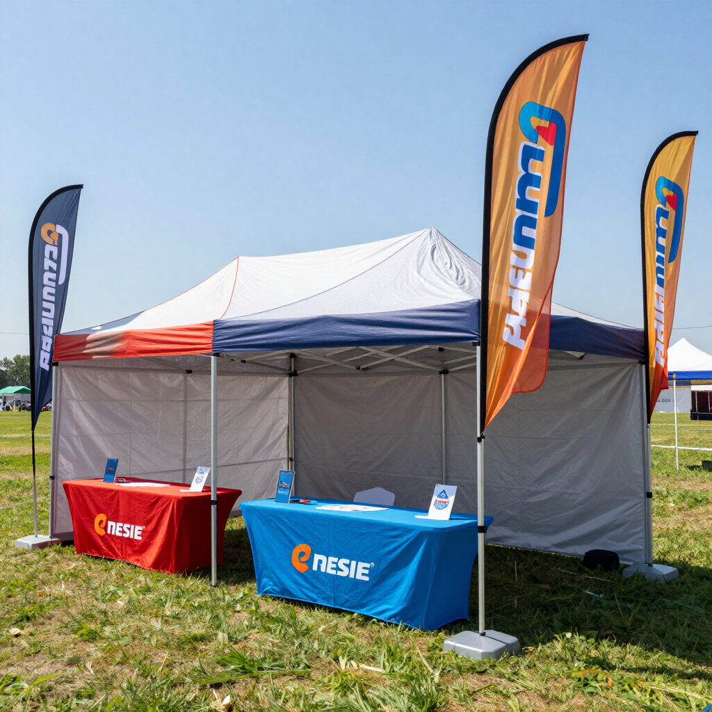 Outdoor booth tents with orange and blue banners and table covers on a grassy field under a clear sky