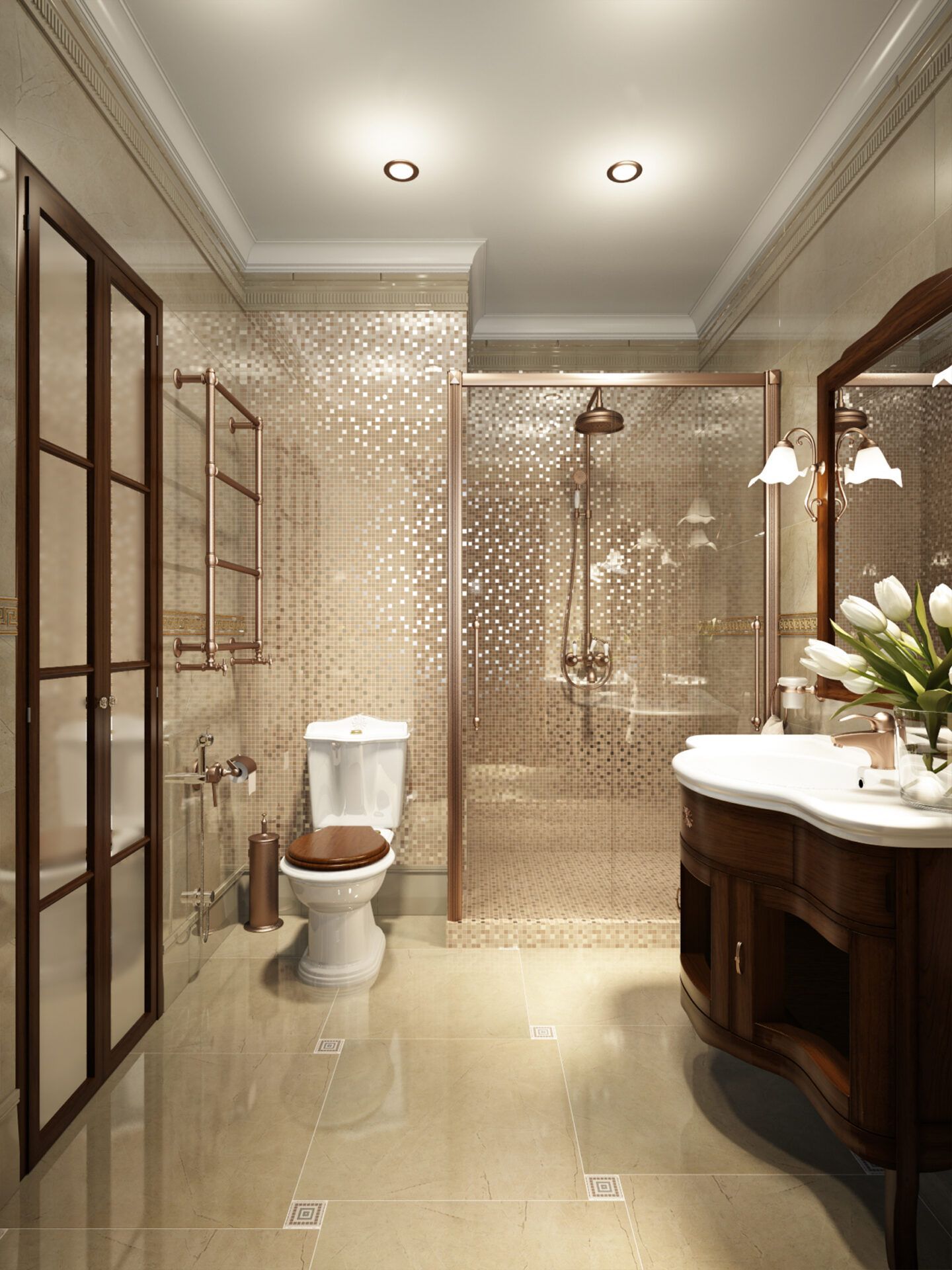 Elegant bathroom with shower, toilet, and dark wood vanity, cream-colored walls, and tiled floor.