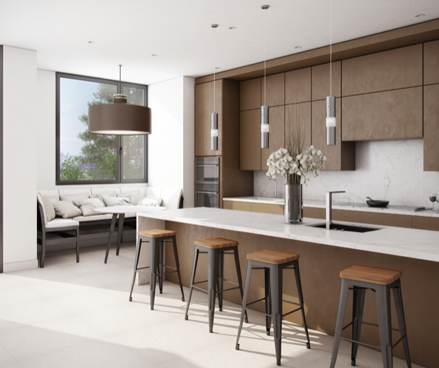 Modern kitchen with brown cabinetry, white countertop, and bar stools. Window seat and hanging pendant lights.