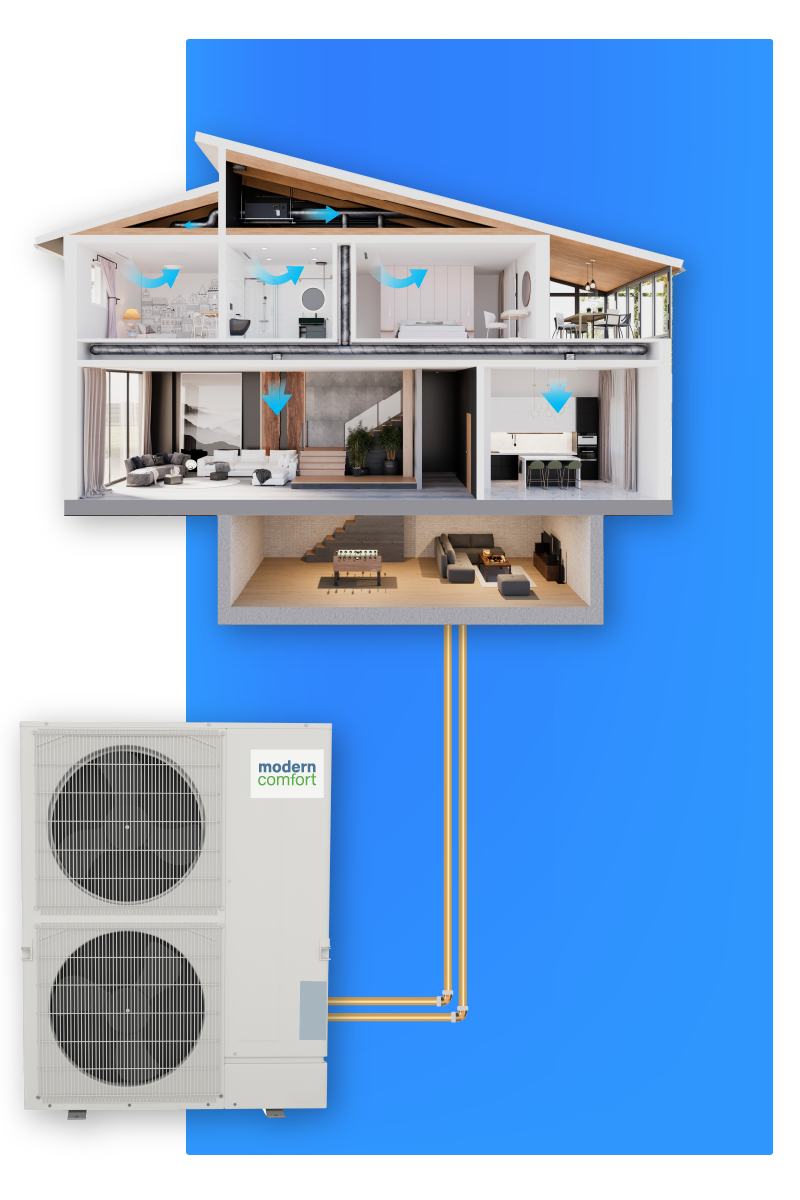 A diagram of a house with a heating and cooling system attached to it.