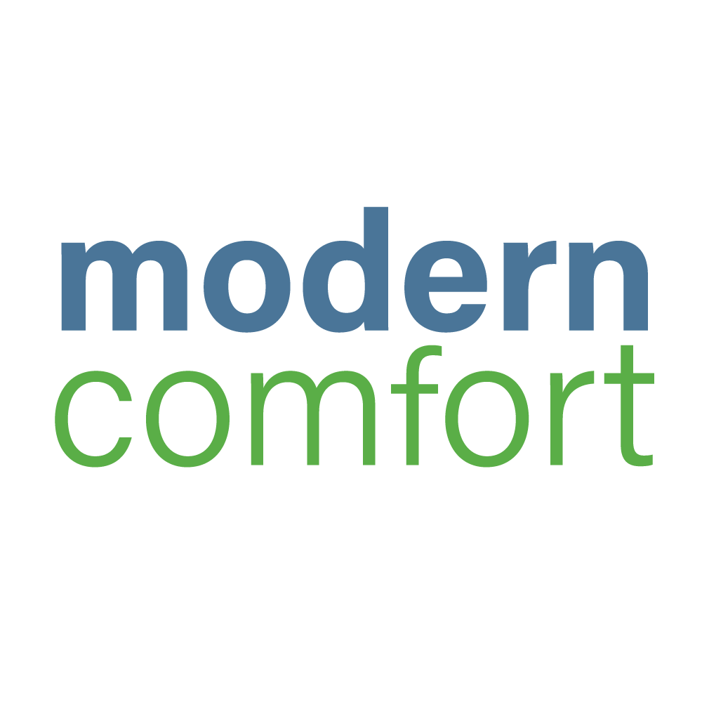 The modern comfort logo is blue and green on a white background.