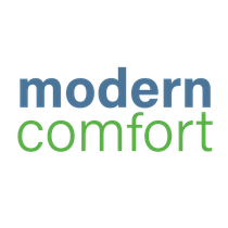 The modern comfort logo is blue and green on a white background.