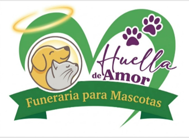 Logotipo de Huella de Amor: un corazón verde, mascotas abrazadas y el texto «Funeraria para Mascotas»