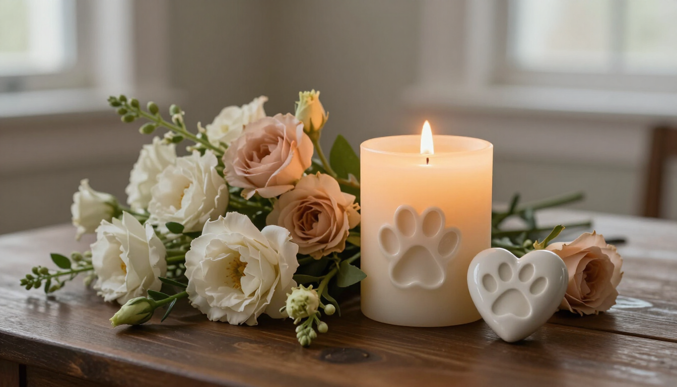 Flores blancas y color melocotón junto a una vela encendida y adornos con huellas de patas sobre una mesa de madera