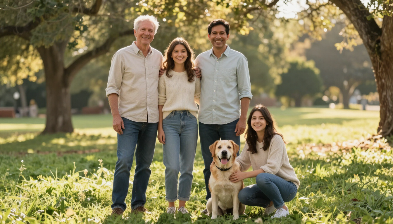 Una familia de cuatro personas con un perro posa junta en un parque soleado, rodeada de árboles y césped