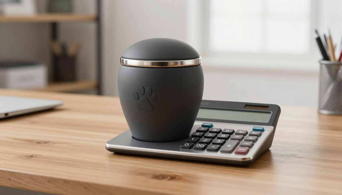 Una taza negra con tapa está sobre una calculadora, encima de un escritorio de madera en una oficina luminosa.