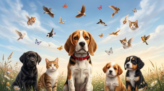 Cinco perros y un gato en un campo cubierto de hierba, bajo el vuelo de pájaros y mariposas