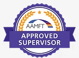 AAMFT Approved Supervisor badge with blue, gold, and white colors, and the text