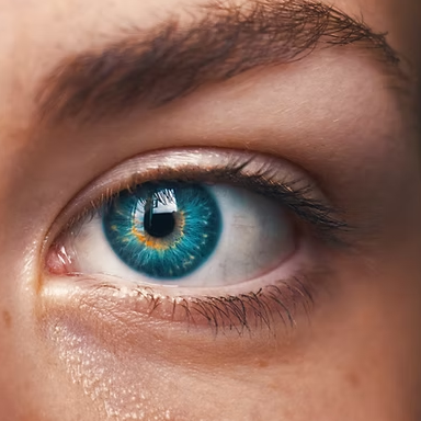 Blue eye with brown eyebrow; a reflection is visible in the pupil.