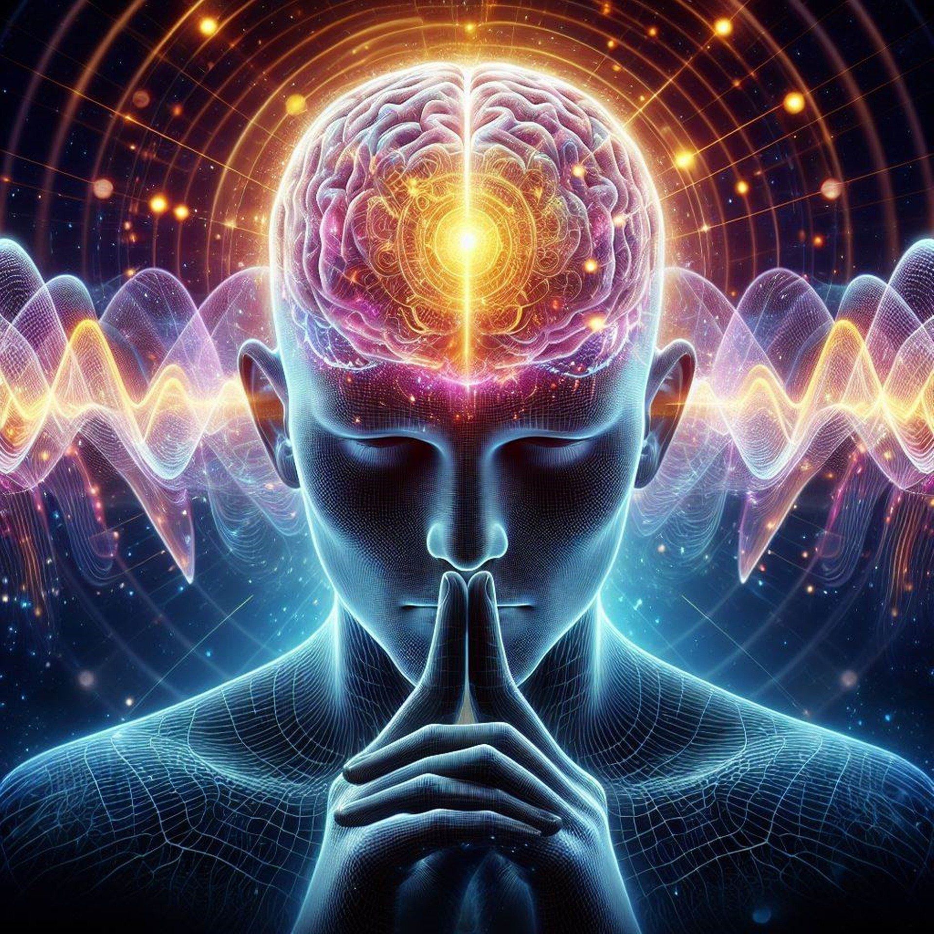 Glowing human figure with brain lit up, meditating, surrounded by energy waves and light.
